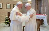 In this photo taken on June 28, 2017, Pope Francis embraces Emeritus Pope Benedict XVI, at the Vatican. The Vatican is denying a German tabloid report that suggested that Emeritus Pope Benedict XVI is suffering from a neurological disease. (L'Osservatore Romano/Pool Photo via AP)